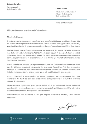 Une lettre de motivation d'un gestionnaire de sinistre