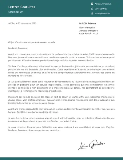 Une lettre de motivation d'un serveur en salle