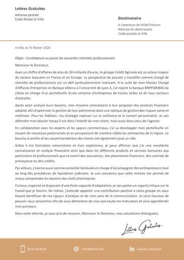 Une lettre de motivation d'un Conseiller bancaire des professionnels