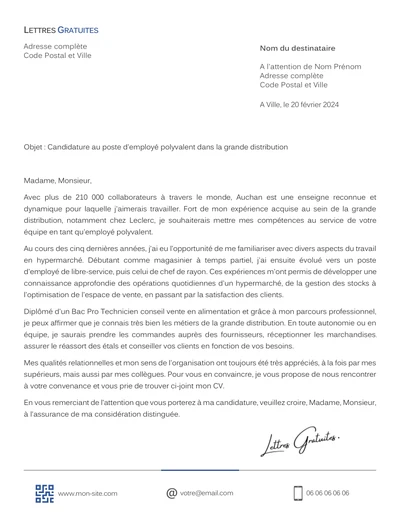 Une lettre de motivation d'un employé hypermarché