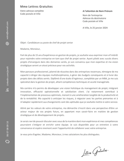 Une lettre de motivation d'un chargé de projet