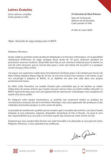 Une lettre de motivation d'une demande de stage au BAFA