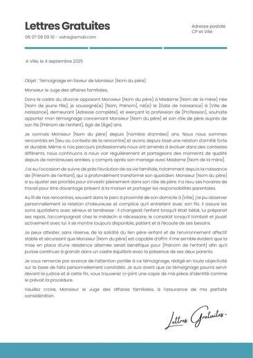 Une lettre pour témoigner en faveur d'un parent pour la garde d'enfant