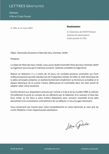 Une lettre pour contester ou modifier un état des lieux