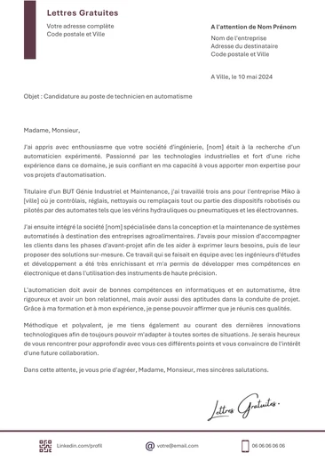 Une lettre de motivation d'un automaticien