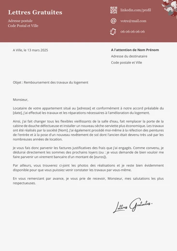 Une lettre de demande de remboursement des travaux au propriétaire