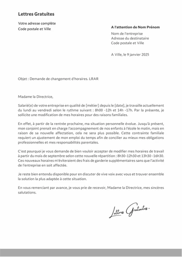 Une lettre de demande de changement d'horaires de travail