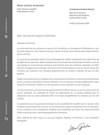Une lettre de demande d'affectation