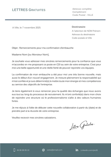 Une lettre de remerciement pour l'emploi obtenu
