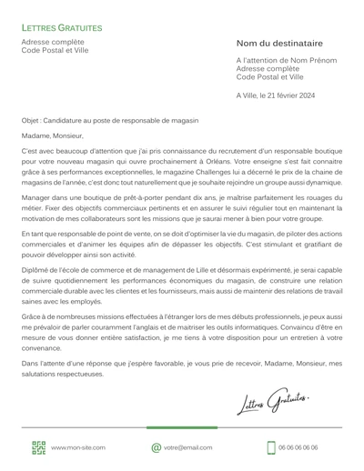 Une lettre de motivation d'un responsable de magasin