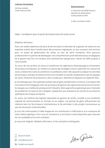 Une lettre de motivation d'un gestionnaire des stocks
