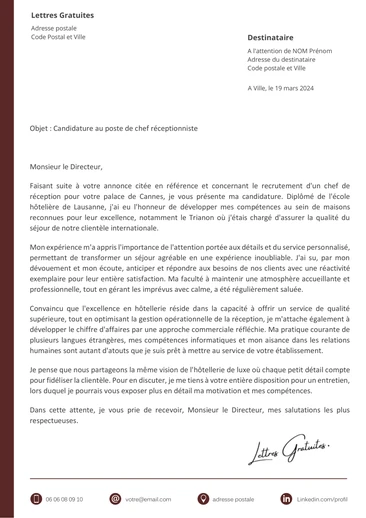 Une lettre de motivation d'un chef de réception d'un palace