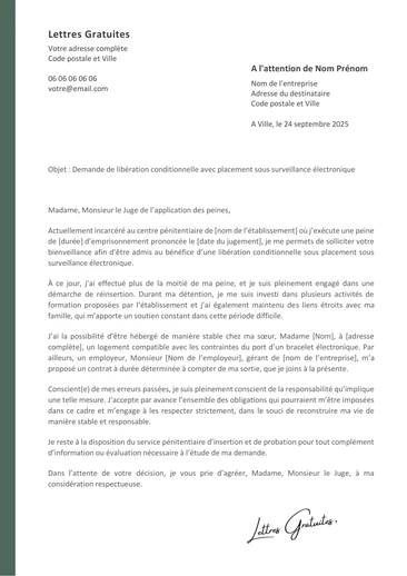 Une lettre de demande de liberté conditionnelle