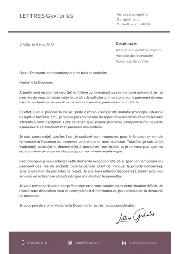 Une lettre de demande de moratoire pour le paiement des frais de scolarité