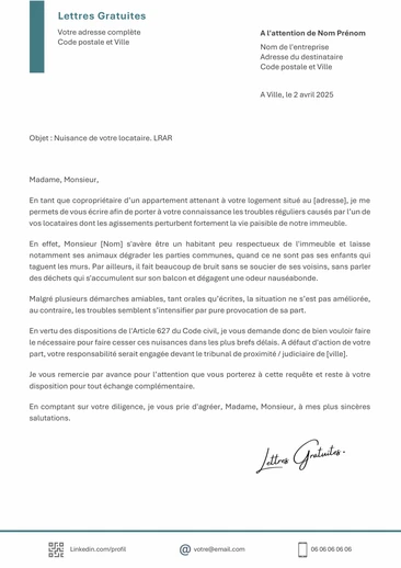 Une lettre pour dénoncer au propriétaire les nuisances du locatair