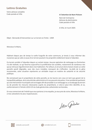 Une lettre pour demander à la mairie le nettoyage d'un terrain