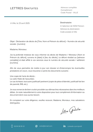 Une lettre de déclaration de décès à la CPAM ou la C