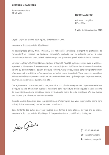 Une lettre de plainte au Procureur pour diffamation