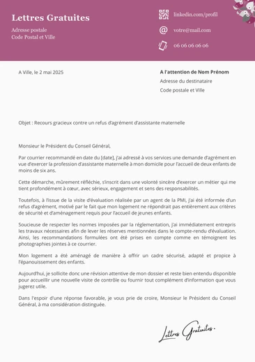 Une lettre de recours après un refus d'agrément d'assistante maternelle