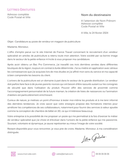 Une lettre de motivation d'une vendeuse en magasin de bébé