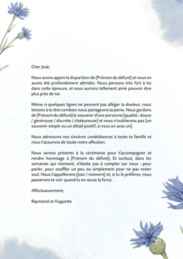 Un message de condol&eacute;ances &agrave; un ami en deuil
