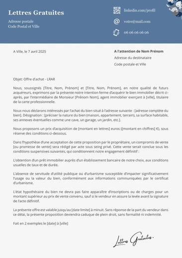 Une lettre d’offre d’achat d’un bien immobilier