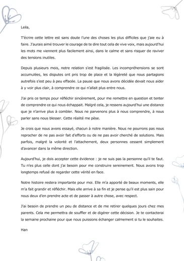 Une lettre de rupture amoureuse