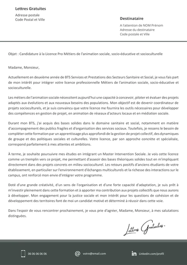 Une lettre de motivation pour la Licence Pro Métiers de l'Animation Socia
