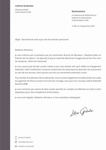 Une lettre de changement de nom après son divorce