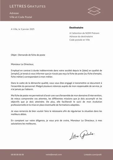 Une lettre de demande de fiche de poste