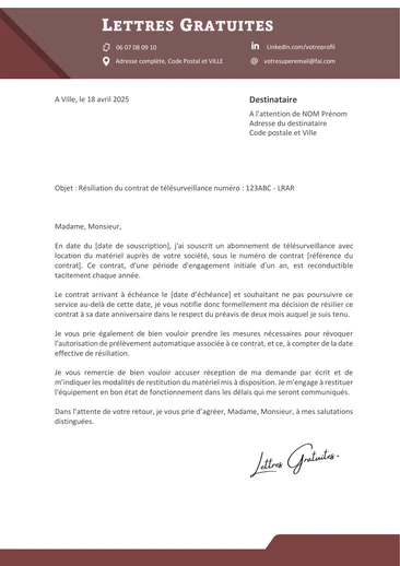 Une lettre de demande de résiliation d'une télésurveillance