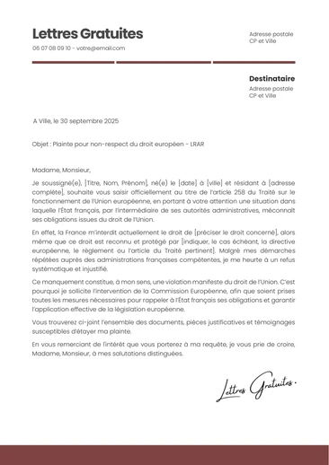 Une lettre de recours auprès de la Commission Européenne
