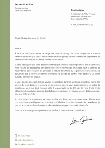Une lettre de désistement d'un avocat
