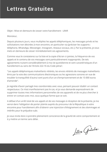 Une lettre de mise en demeure de cesser un harcèlement