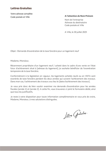 Une lettre de demande d'exonération de la taxe foncière