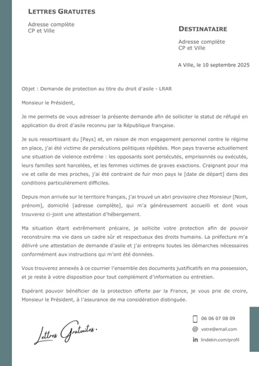 Une lettre de demande d'asile en France