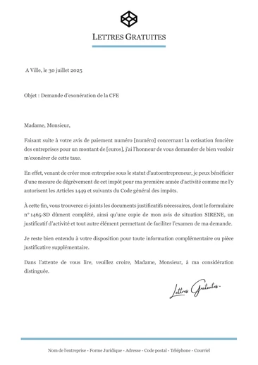Une lettre de demande d'exonération de la CFE