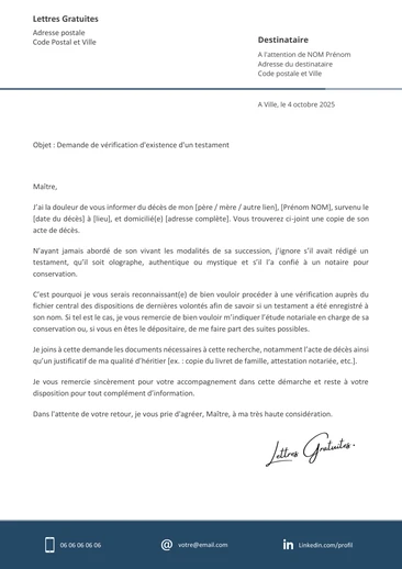 Une lettre de demande de copie de testament