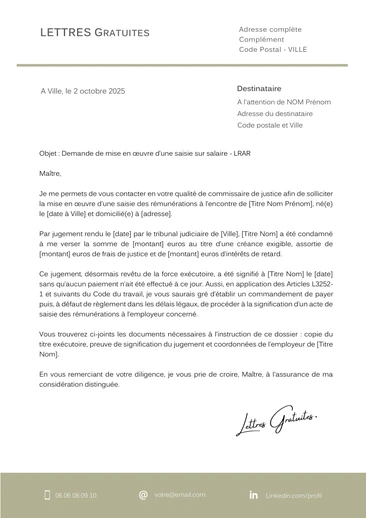 Une lettre de demande de saisie sur rémunération