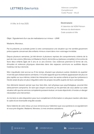 Une lettre de dénonciation aux services sociaux (enfance en danger)