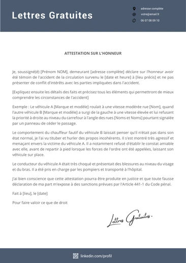 Une attestation d'un témoin d'un accident de voiture