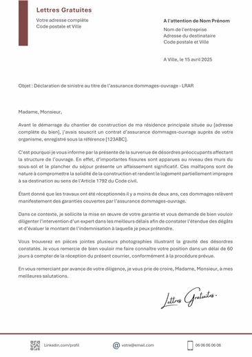 Une lettre de déclaration de sinistre à l'assurance dommages ouvra