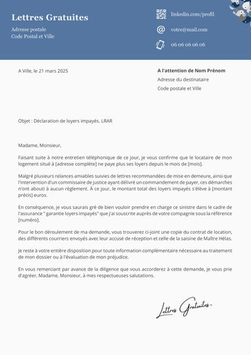 Une lettre de déclaration des loyers impayés à l'assurance