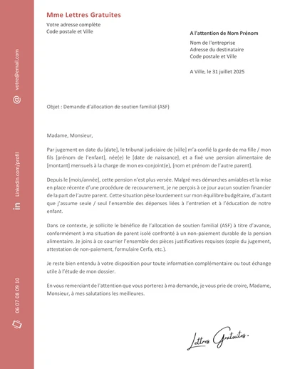 Une lettre de demande d'allocation de soutien familial