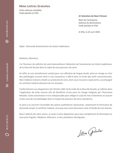 Une lettre de demande d'exonération du ticket modérateur de la CPA