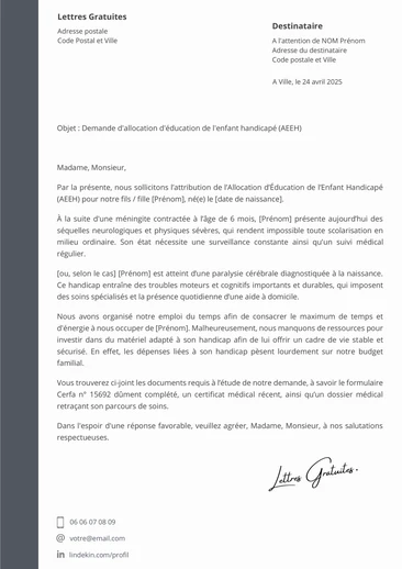 Une lettre de demande d'allocation d'éducation de l'enfant handicap&e
