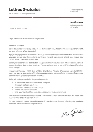Une lettre de demande d'allocation veuvage