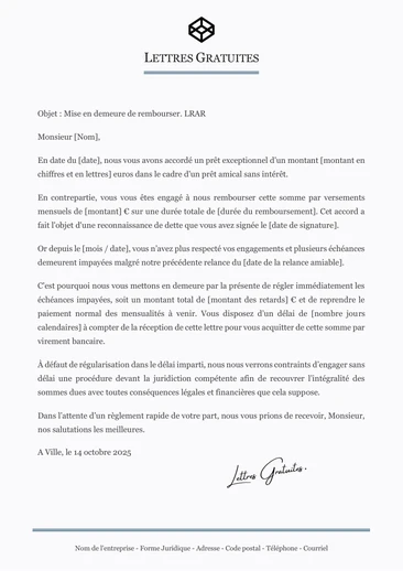 Une lettre de demande de remboursement d'un prêt d'argent