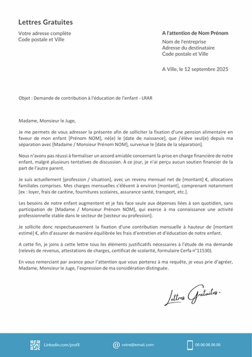 Une lettre de demande de pension alimentaire au JAF