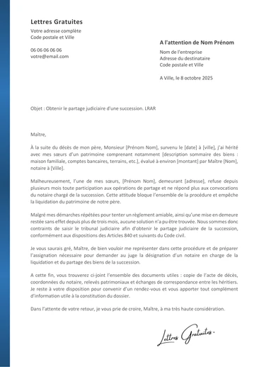 Une lettre de demande de partage judiciaire de la succession